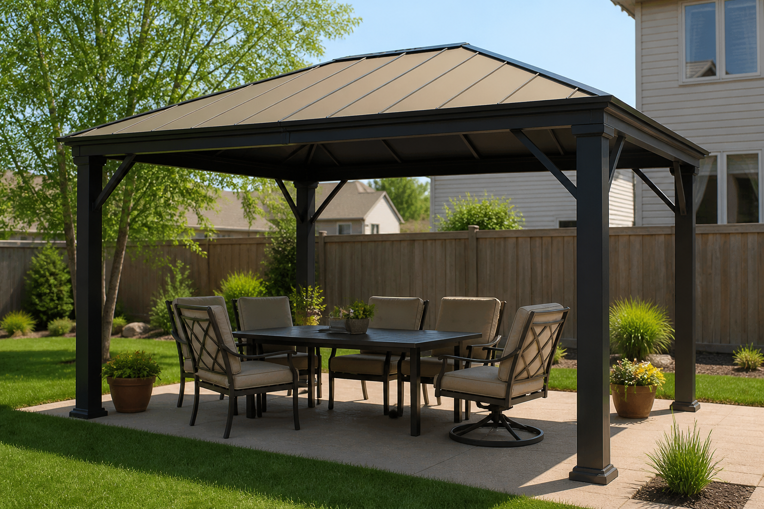 Hardtop gazebo over a backyard dining set