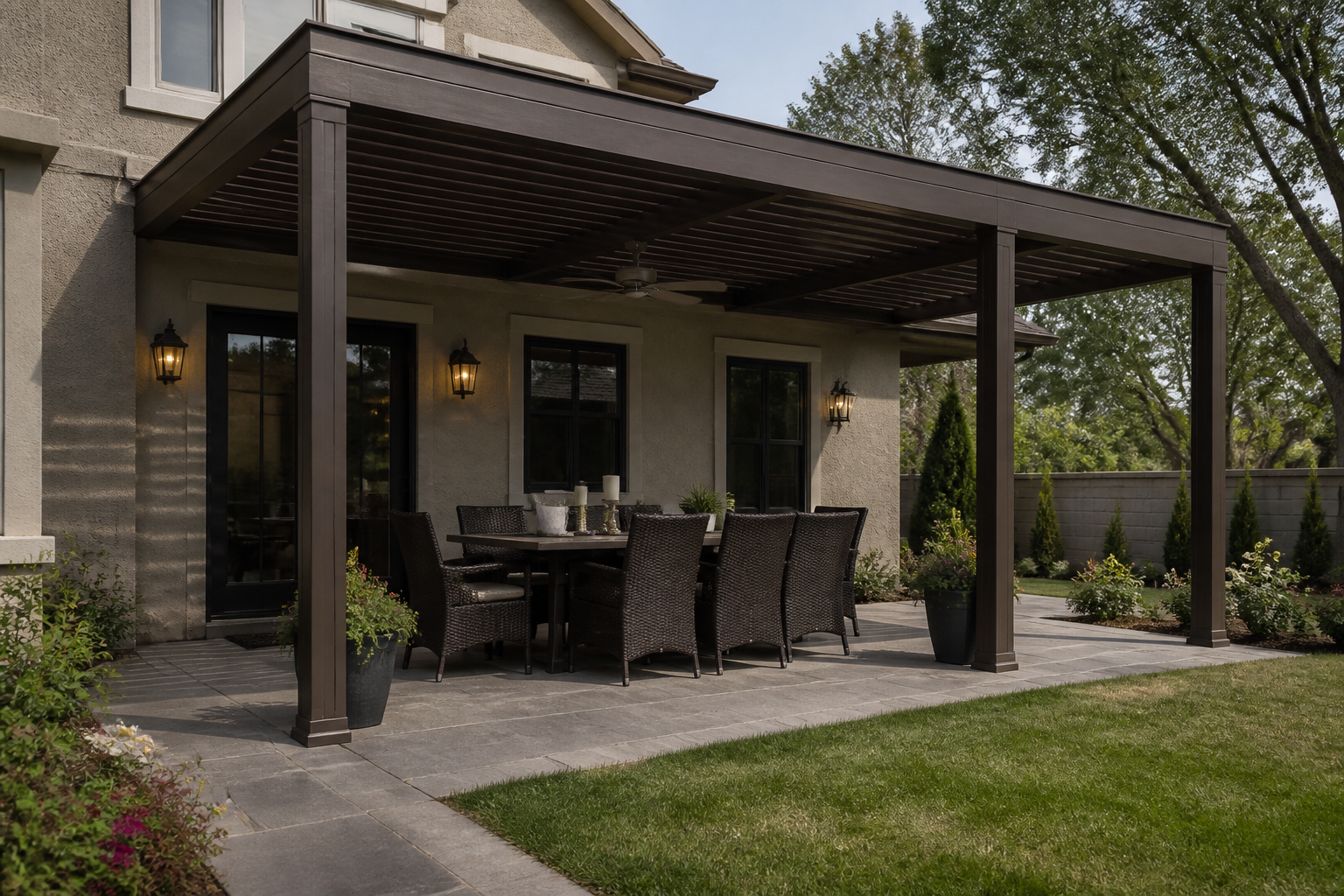 Pergola and outdoor dining furniture in a backyard