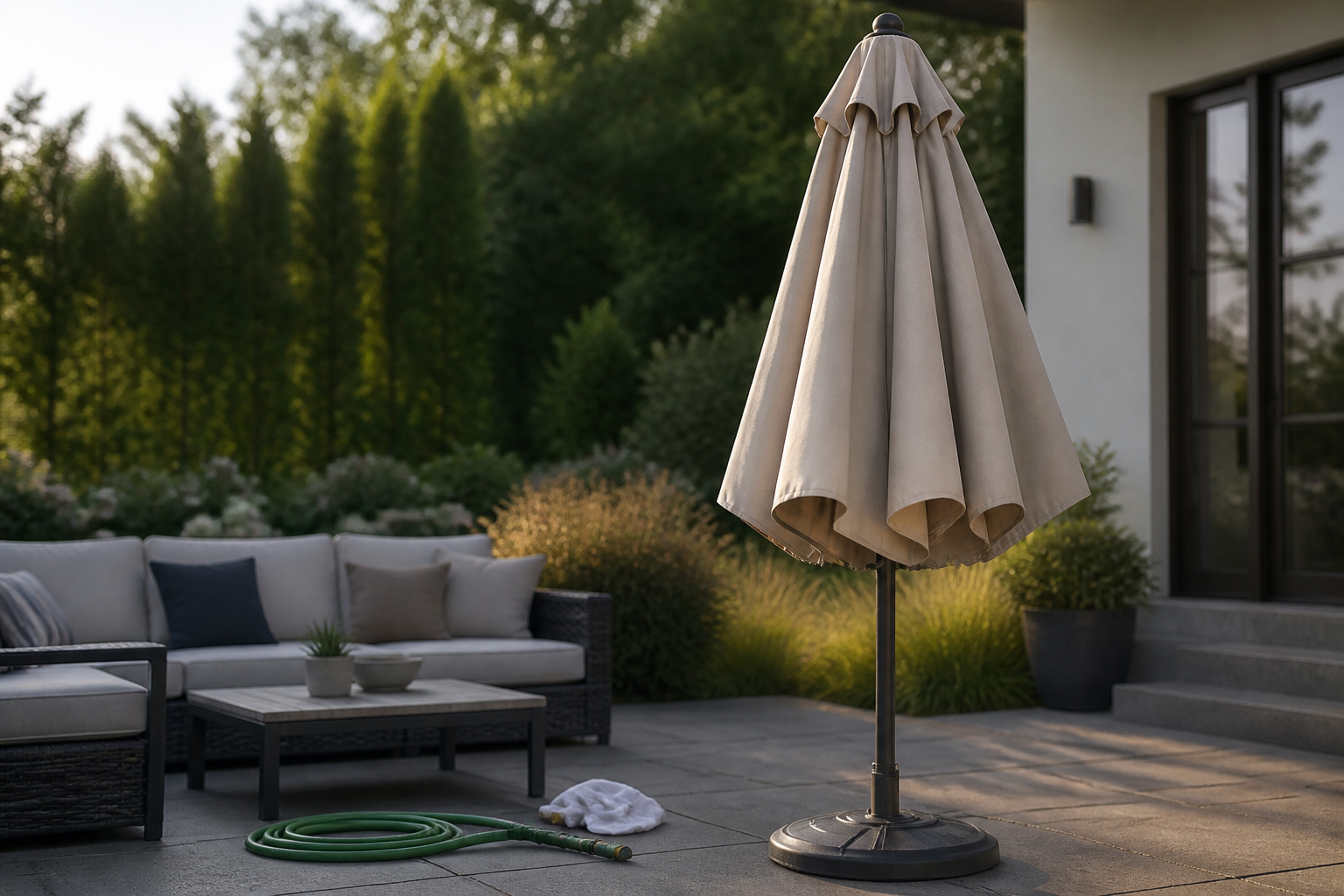 Patio umbrella and outdoor furniture ready for seasonal care