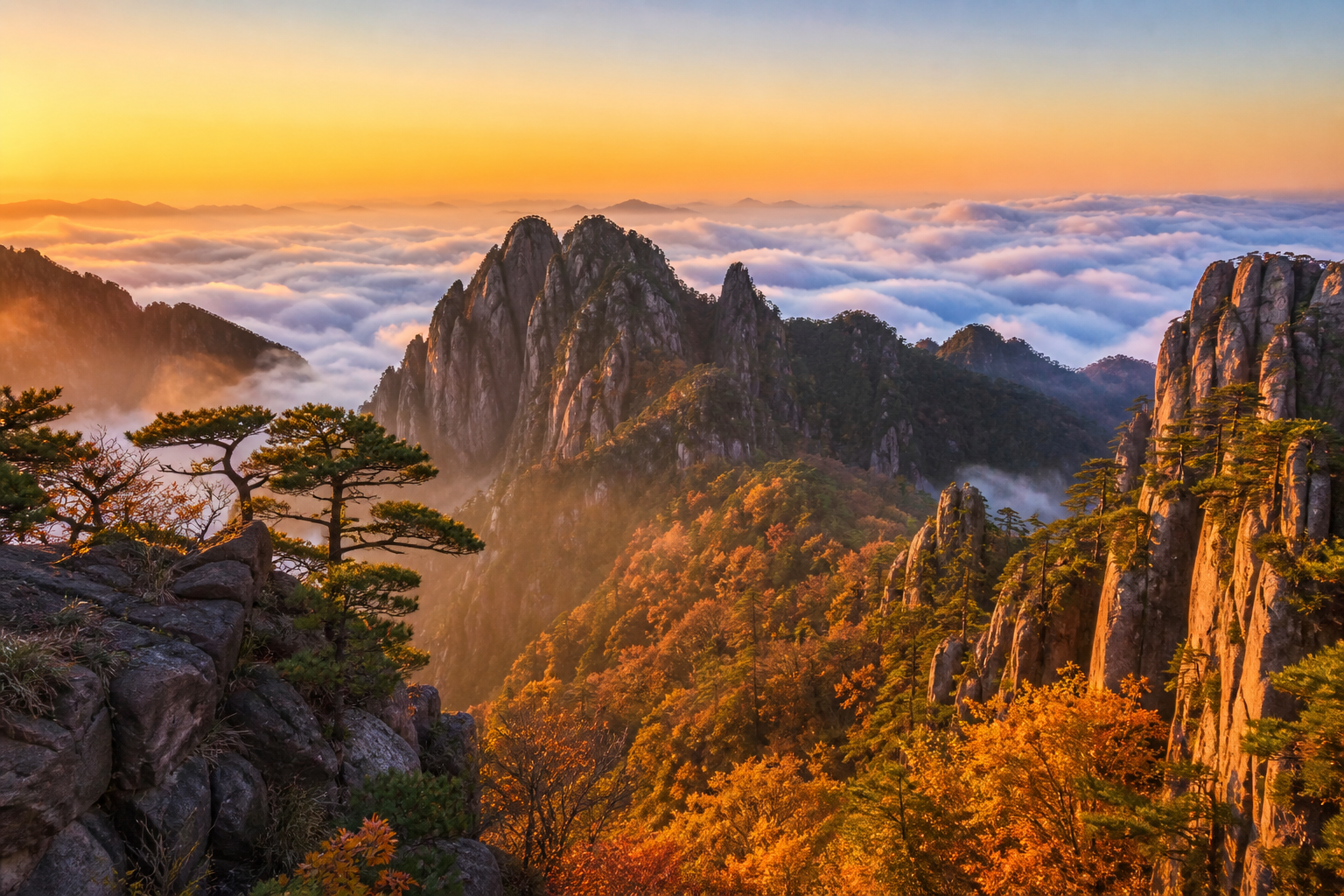 Huangshan peaks in autumn